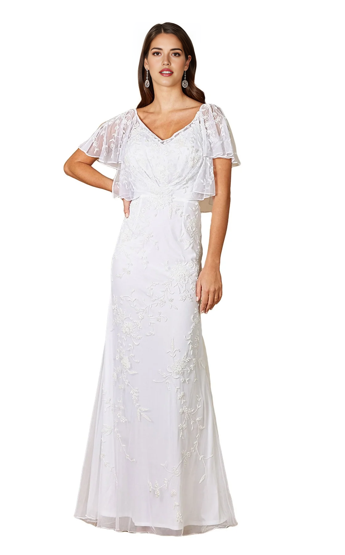 CNTNZ DRESS Fashion Sheath V Neck Flutter Sleeve Floral Embellished Gown With Open Back Exquisite Hot Sale Wedding Dress