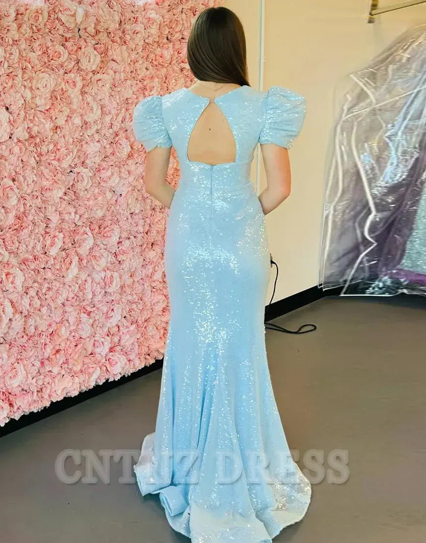 Wholesa Mermaid Sparkly Puff Sleeves Sequins Blue Long formal dresses Bridesmaid Dresses evening gown Prom Dress with Slit