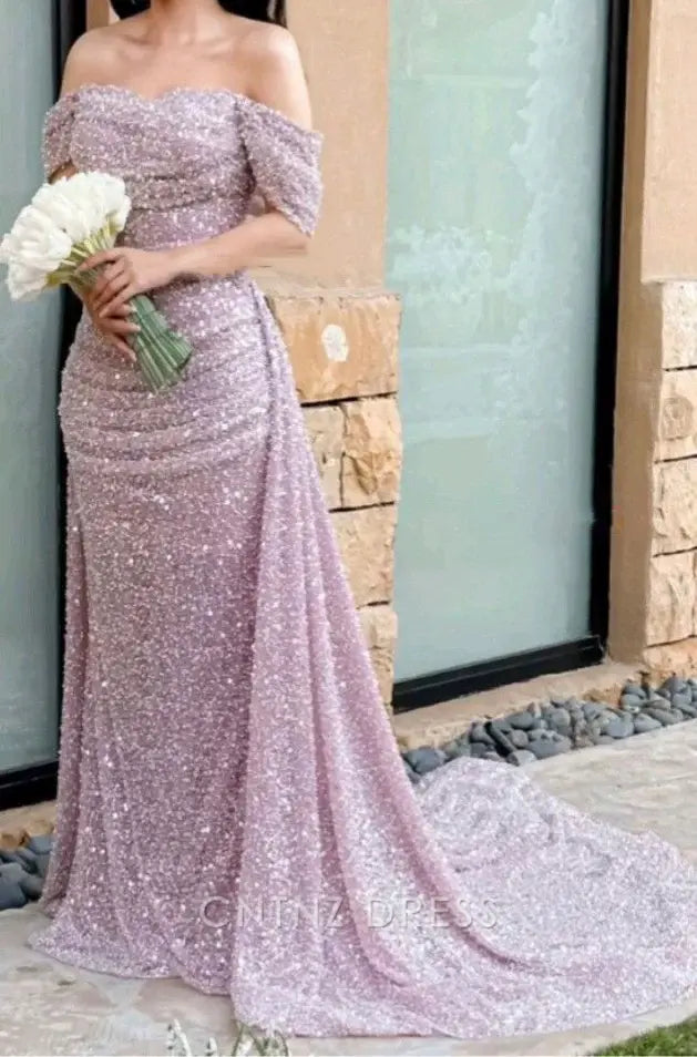Wholesa Mermaid Off The Shoulder Beautiful Sequin formal dresses Bridesmaid Dresses evening gown Prom Dress
