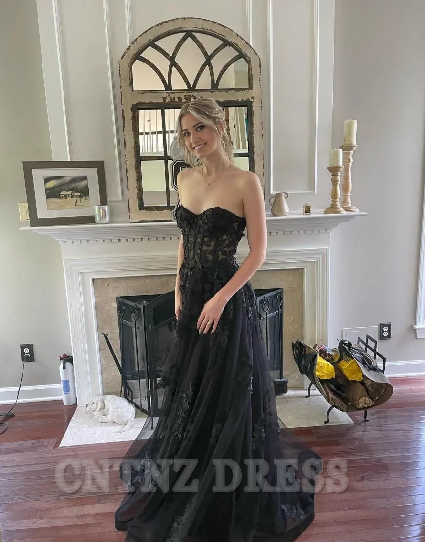 Wholesa A-Line Strapless sleeveless formal dresses evening gown Prom Dress With Appliques