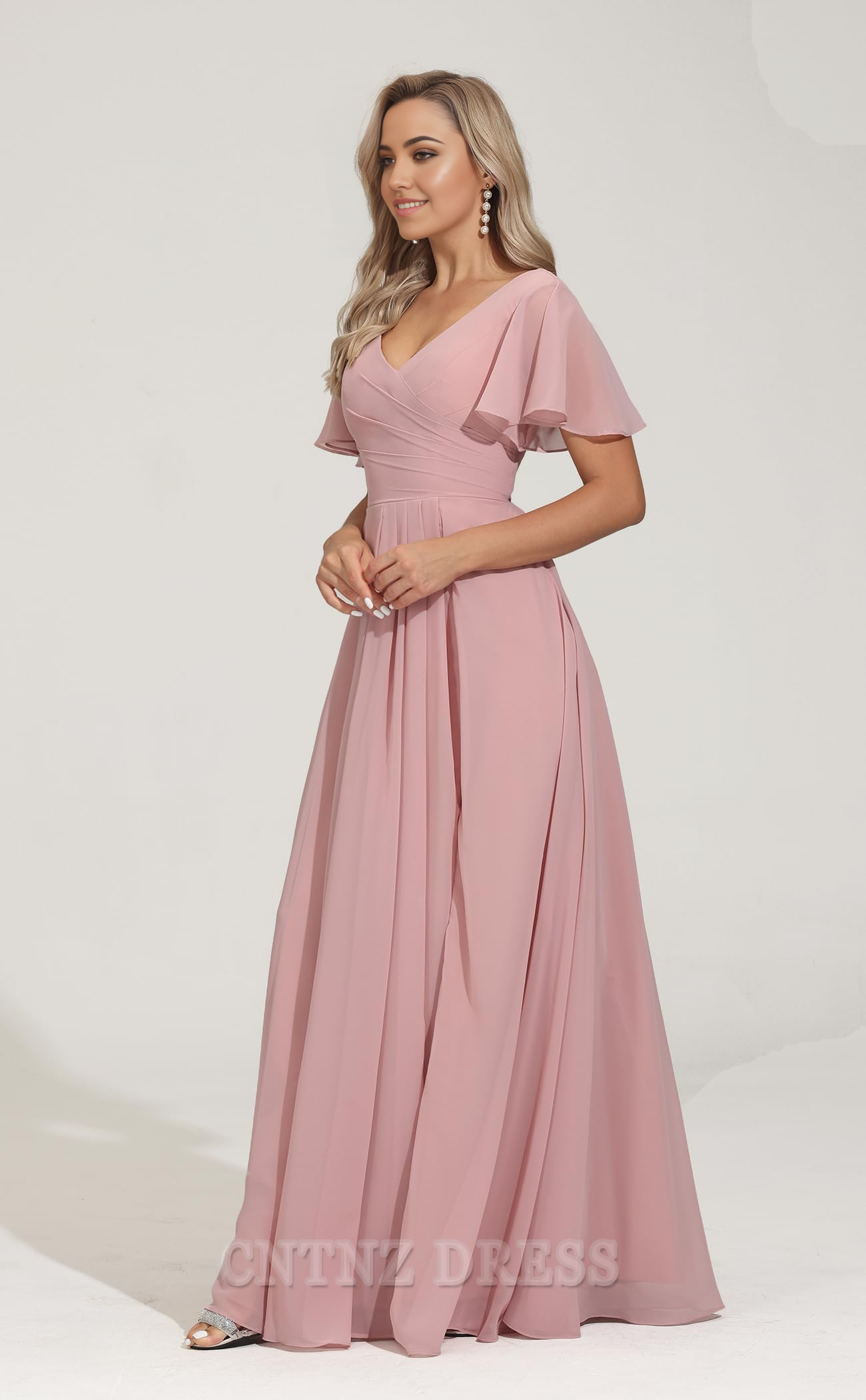 Wholesa A-line V Neck Short Sleeves Chiffon Pleated formal dresses Bridesmaid Dresses evening gown Prom Dress with Slit