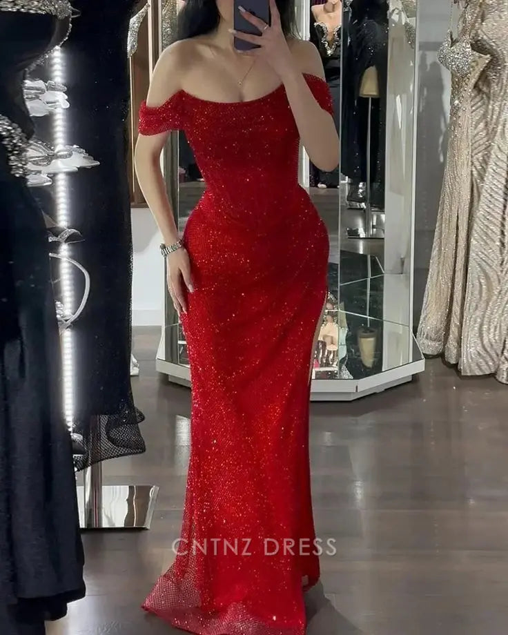 Wholesa Mermaid Off Shoulder Sequins Shiny Red formal dresses Bridesmaid Dresses evening gown Prom Dress