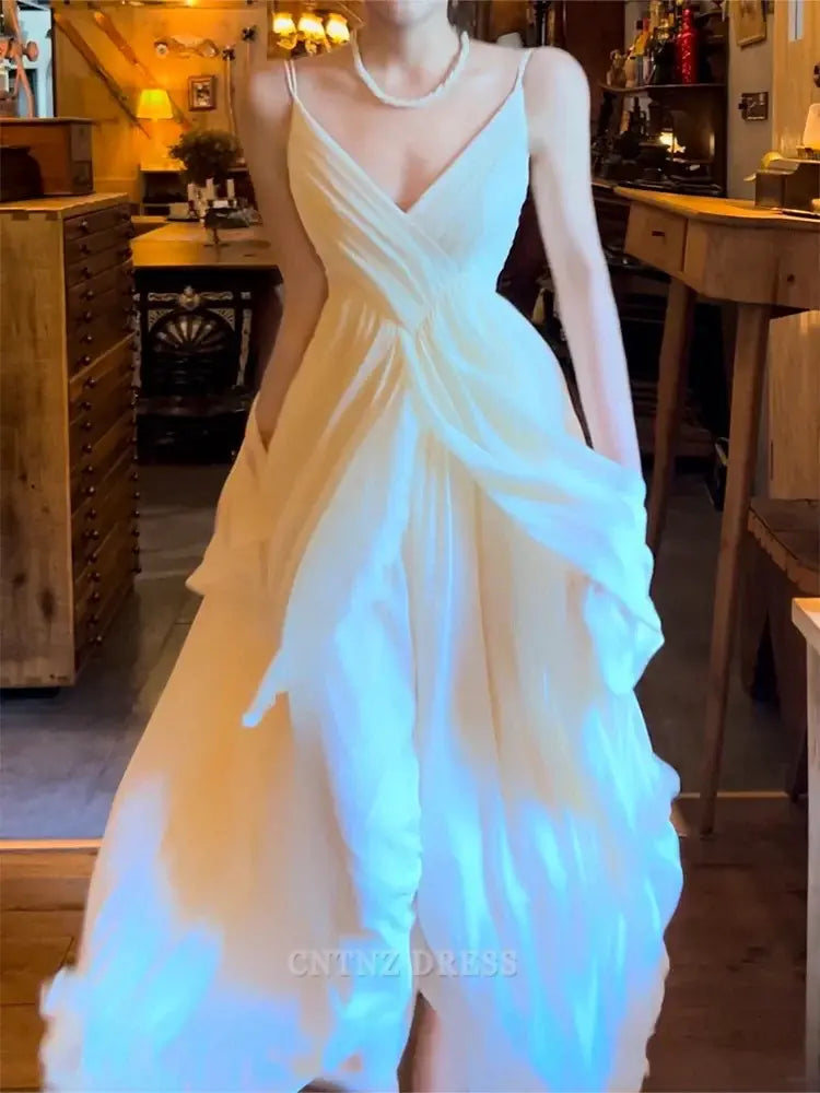 Wholesa A Line Spaghetti Straps Ivory Chiffon Long formal dresses Bridesmaid Dresses evening gown Prom Dress