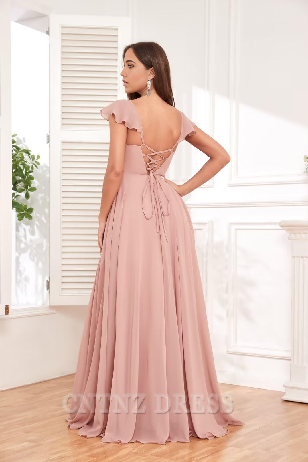 Wholesa A-line Ruffle Backless Chiffon Pleated formal dresses Bridesmaid Dresses evening gown Prom Dress with Pockets Slit