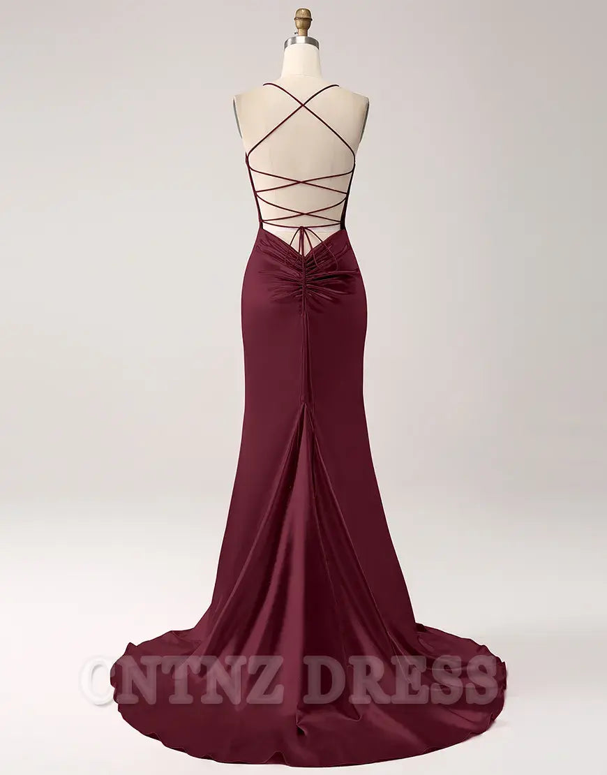 Wholesa Mermaid Spaghetti Straps Satin Lace-Up Blush Long formal dresses evening gown Prom Dress