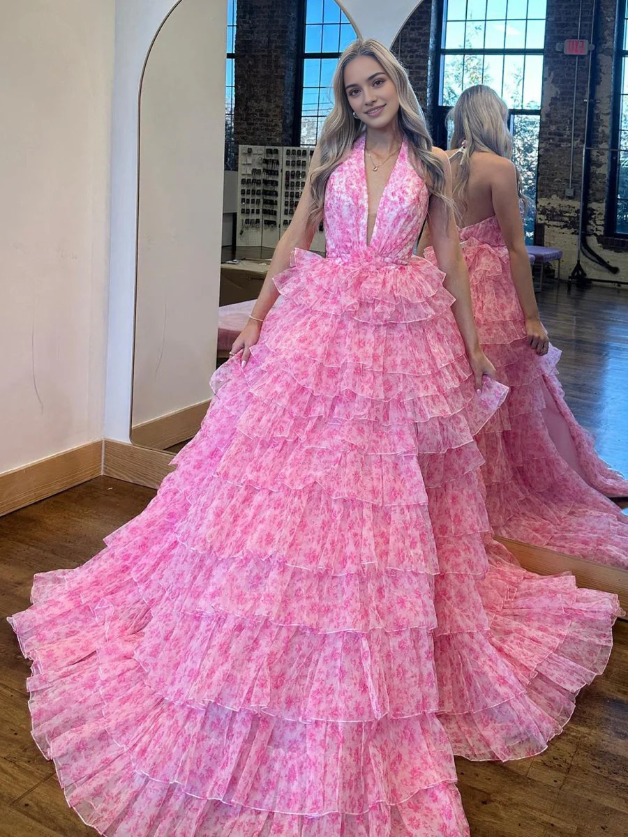Luxury Formal Women's Dresses Fashion Pink A Line Halter Deep V Neck Sleeveless Tulle Printed Tiered Ruffle Backless Bargain Long Prom Dress
