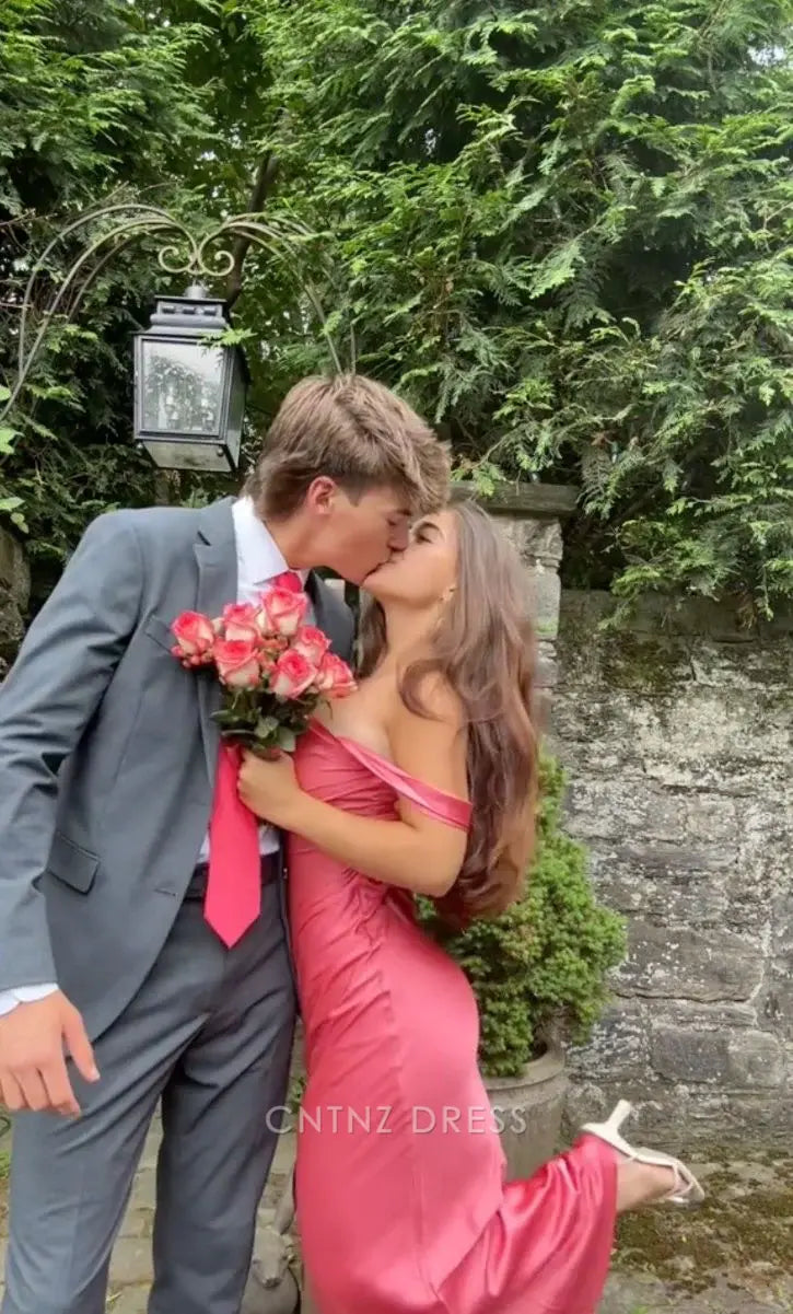 Wholesa Sheath Off The Shoulder Satin Pink Long formal dresses Bridesmaid Dresses evening gown Prom Dress