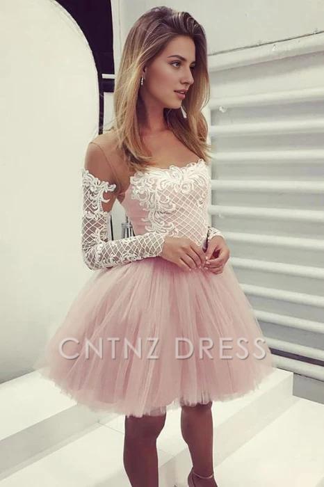 CNTNZ DRESS Hot Sale Short Prom Dress A-Line Sheer Neck Long Sleeves Tulle Cocktail Dress with Appliques Sweet Homecoming Dress