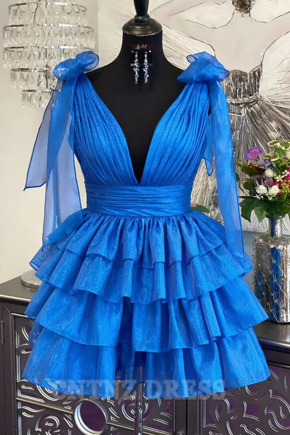 Wholesa A-Line Deep V-Neck Short Tiered Satin formal dresses Bridesmaid Dresses evening gown Prom Dress Homecoming Dress