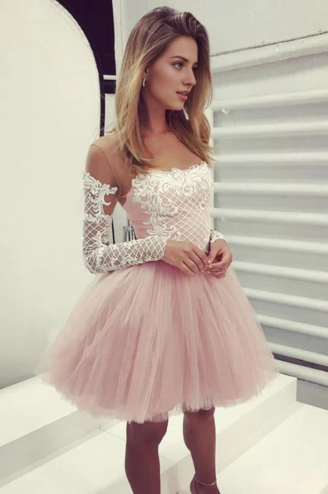 CNTNZ DRESS Hot Sale Short Prom Dress A-Line Sheer Neck Long Sleeves Tulle Cocktail Dress with Appliques Sweet Homecoming Dress