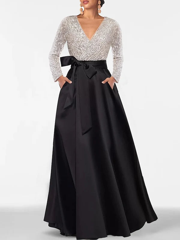 Wholesa A-Line Princess V-Neck Long Sleeves Floor-Length Mother Of The Bride Dresses