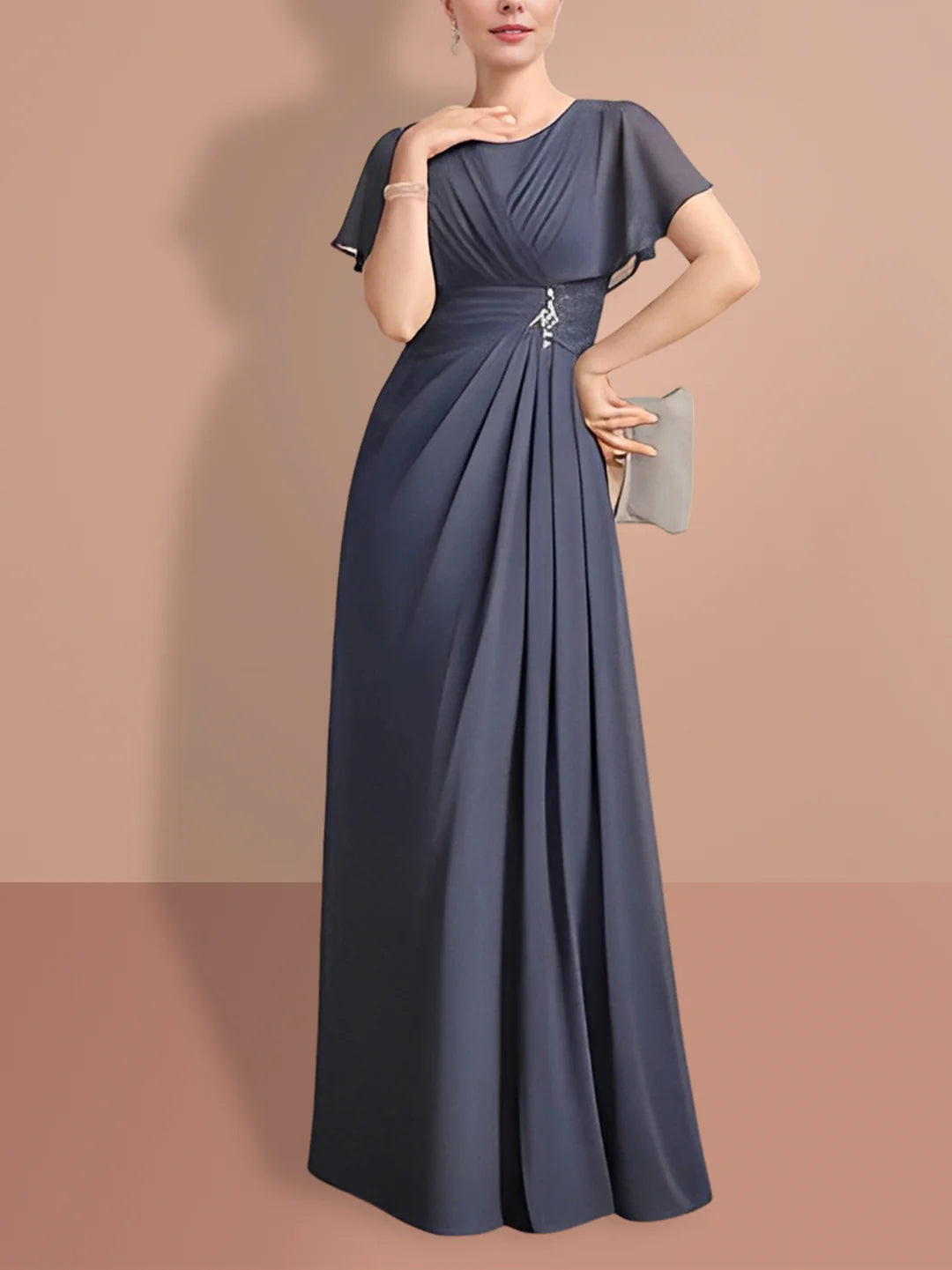 Wholesa A-Line Short Sleeves Jewel Neck Mother of the Bride Dresses