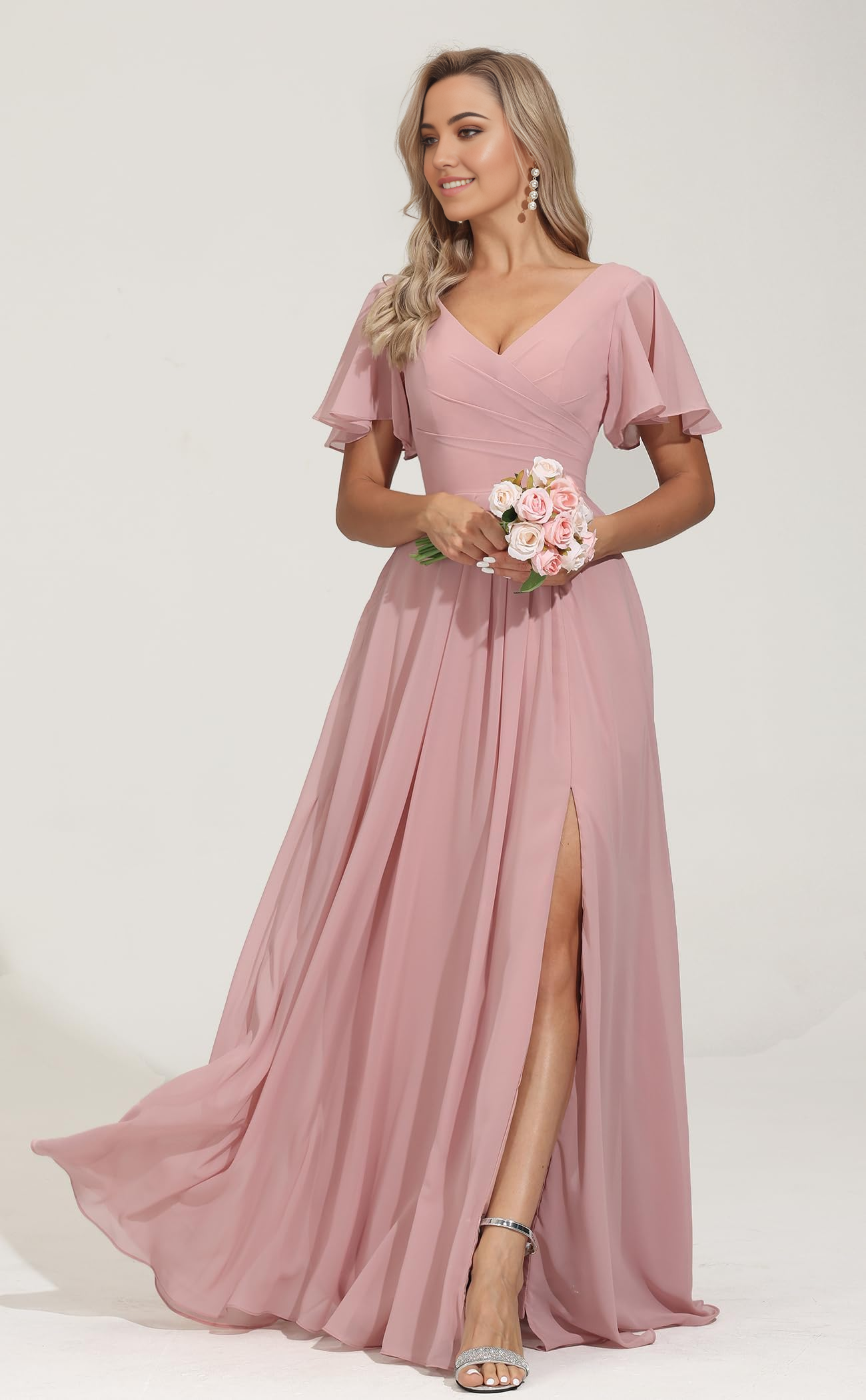 Wholesa A-line V Neck Short Sleeves Chiffon Pleated formal dresses Bridesmaid Dresses evening gown Prom Dress with Slit