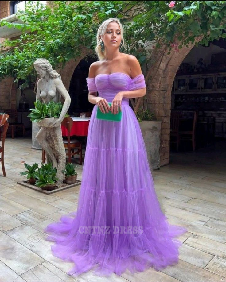 Wholesa A line Off The Shoulder Lilac Tulle Fold Long formal dresses Bridesmaid Dresses evening gown Prom Dress