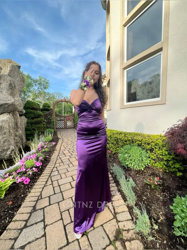 Wholesa Sheath Sweetheart Neck Satin Purple Classy Long formal dresses Bridesmaid Dresses evening gown Prom Dress