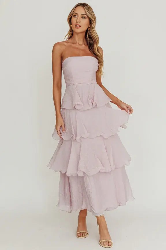 Exquisite A Line Strapless Layered Ruffle Edges Sleeveless Backless Romantic Long Wedding Guest Dress Hot Sale Prom Dress