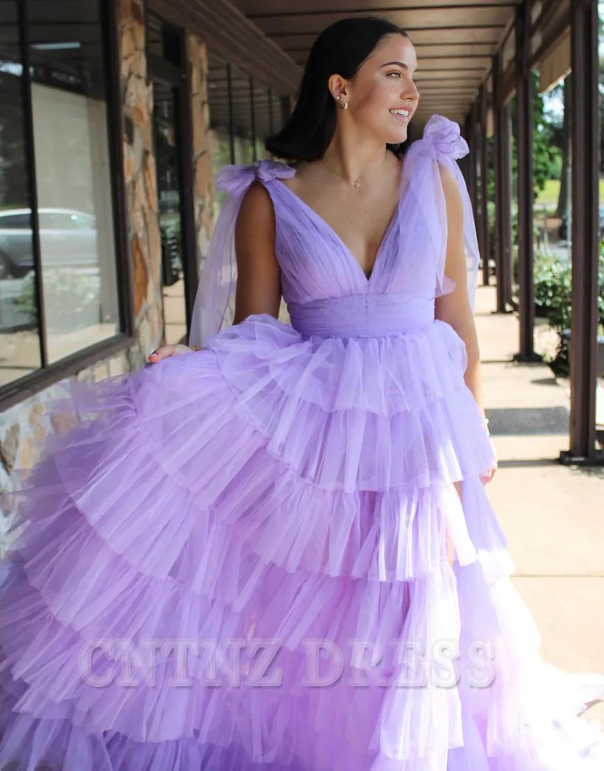 Wholesa A-Line V Neck Tiered Tulle Lilac Long formal dresses evening gown Prom Dress with Slit