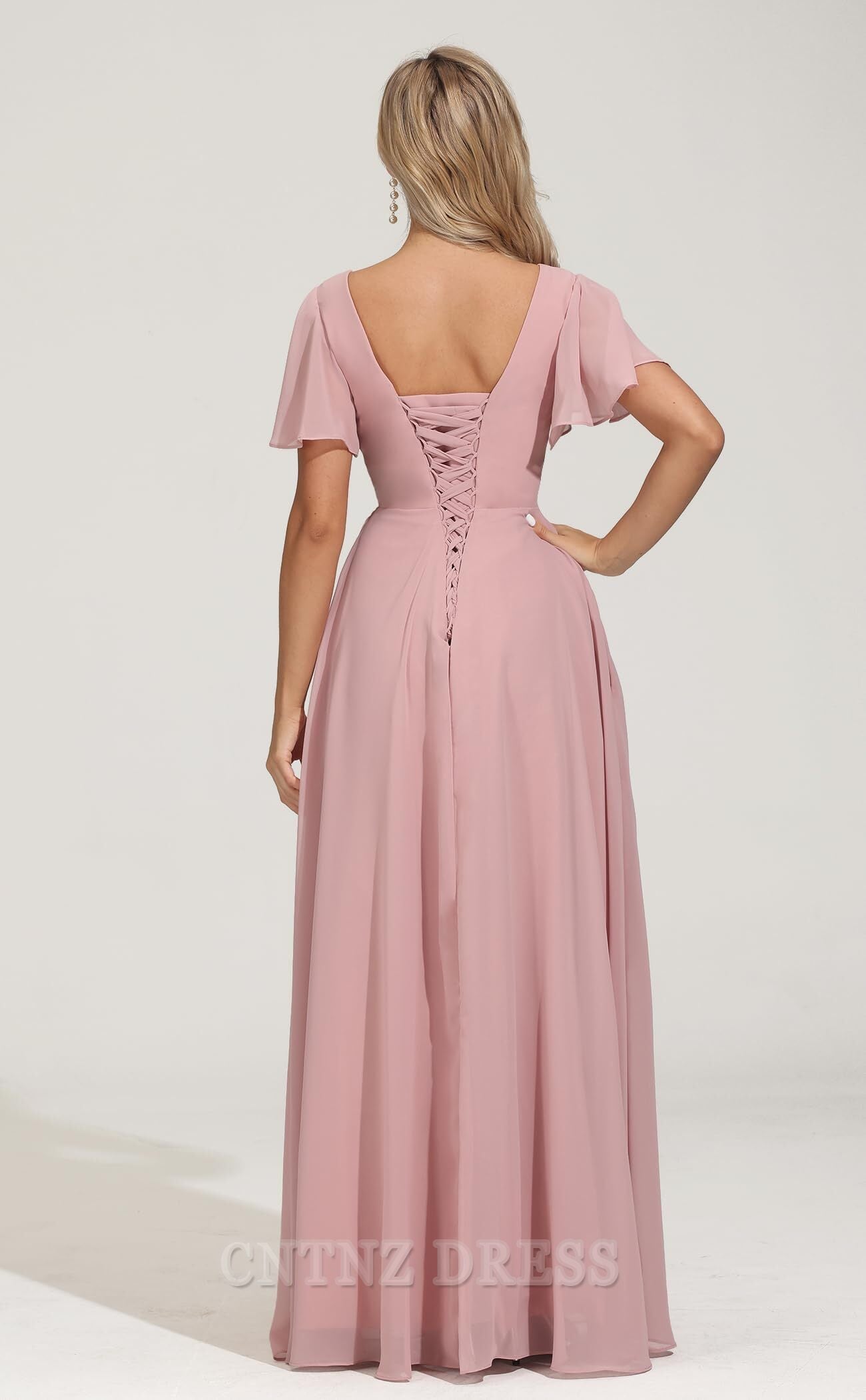 Wholesa A-line V Neck Short Sleeves Chiffon Pleated formal dresses Bridesmaid Dresses evening gown Prom Dress with Slit