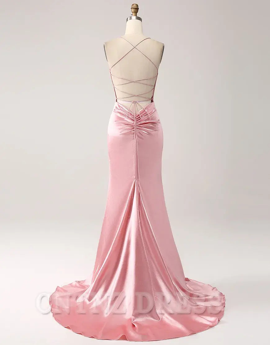 Wholesa Mermaid Spaghetti Straps Satin Lace-Up Blush Long formal dresses evening gown Prom Dress