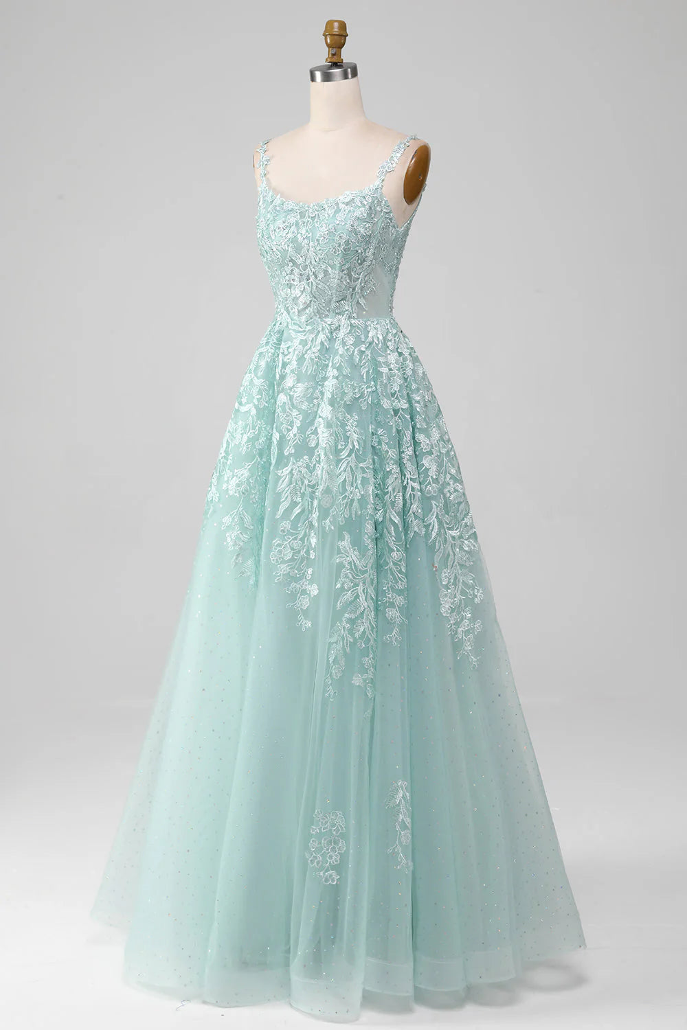 Wholesa A-Line Glitter Mint Tulle Long Prom Dress with Lace