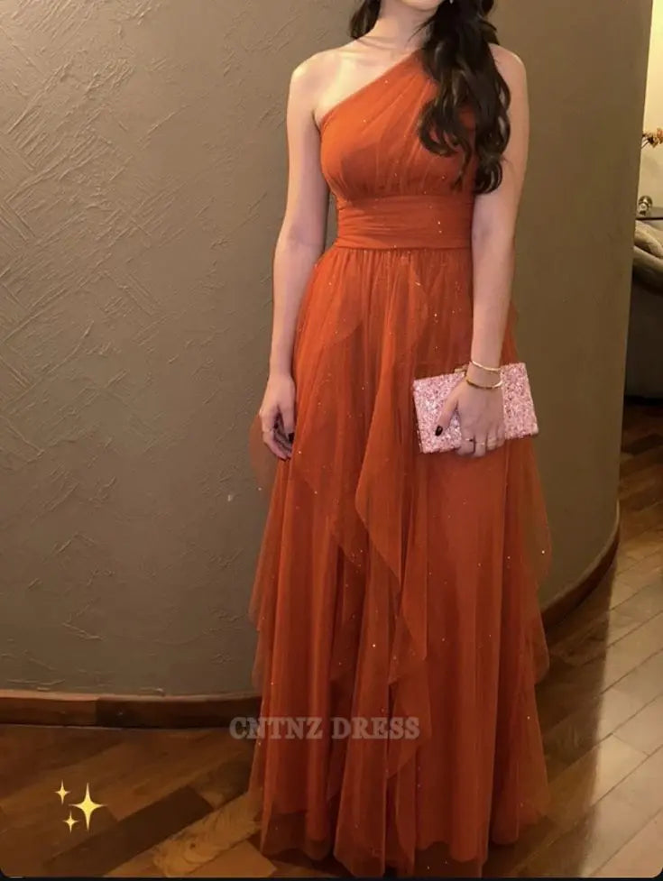 Wholesa A line One Shoulder Tulle Rust Orange Long formal dresses Bridesmaid Dresses evening gown Prom Dress