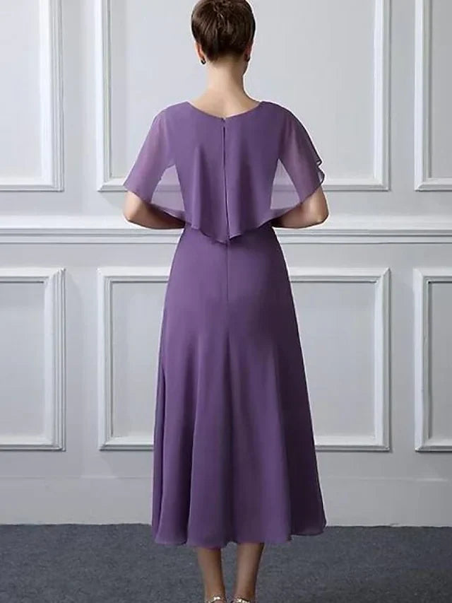 Wholesa A-Line Mother of the Bride Dress Plus Size Bateau Neck Tea Length Chiffon Short Sleeve with Ruffles Crystal Brooch Ruching