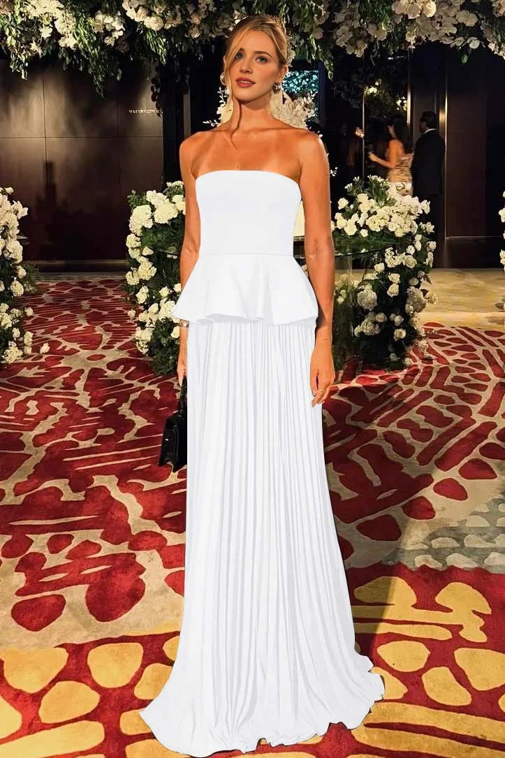 A Line Strapless Sleeveless With Ruffles Elegant Pleated Evening Gowns Fashion Long Prom Dress