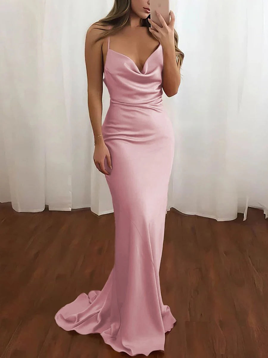 Charming Formal Women's Dresses Pink Satin Mermaid Spaghetti Straps Cowl Neck Sleeveless Backless Bargain Long Prom Dress