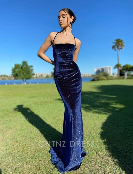 Wholesa Mermaid Vintage Velvet Spaghetti Straps Navy Blue Long formal dresses Bridesmaid Dresses evening gown Prom Dress