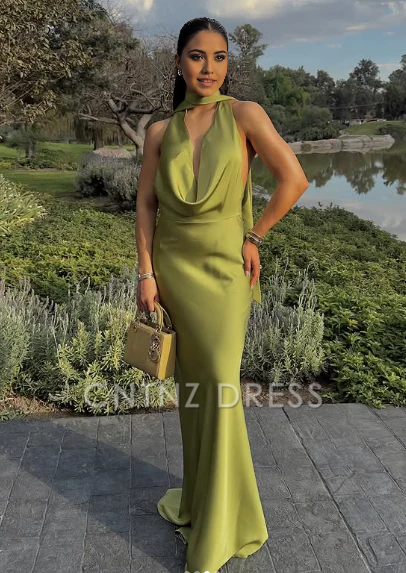Wholesa Sheath Sexy Halter Green Satin formal dresses Bridesmaid Dresses evening gown Prom Dress