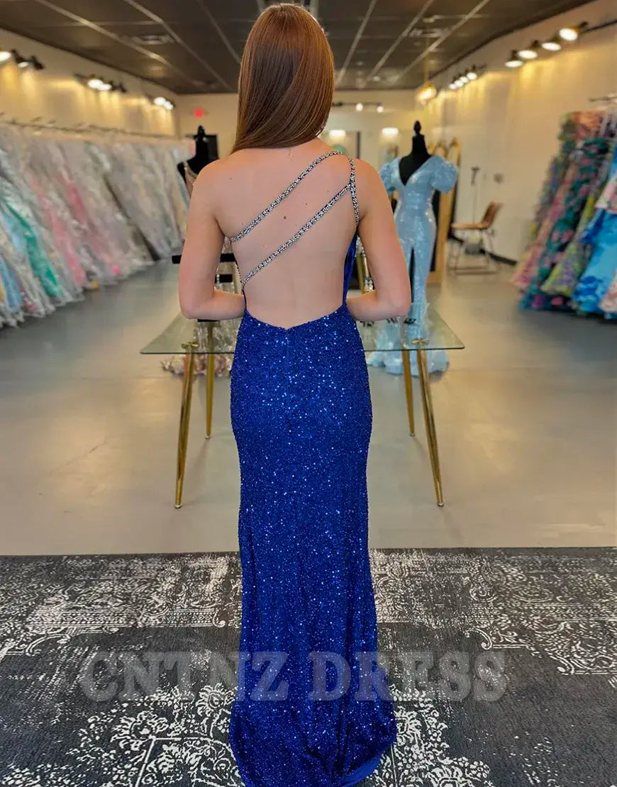 Wholesa Sparkly One Shoulder Sequins Royal Blue Long formal dresses Bridesmaid Dresses evening gown Prom Dress with Slit