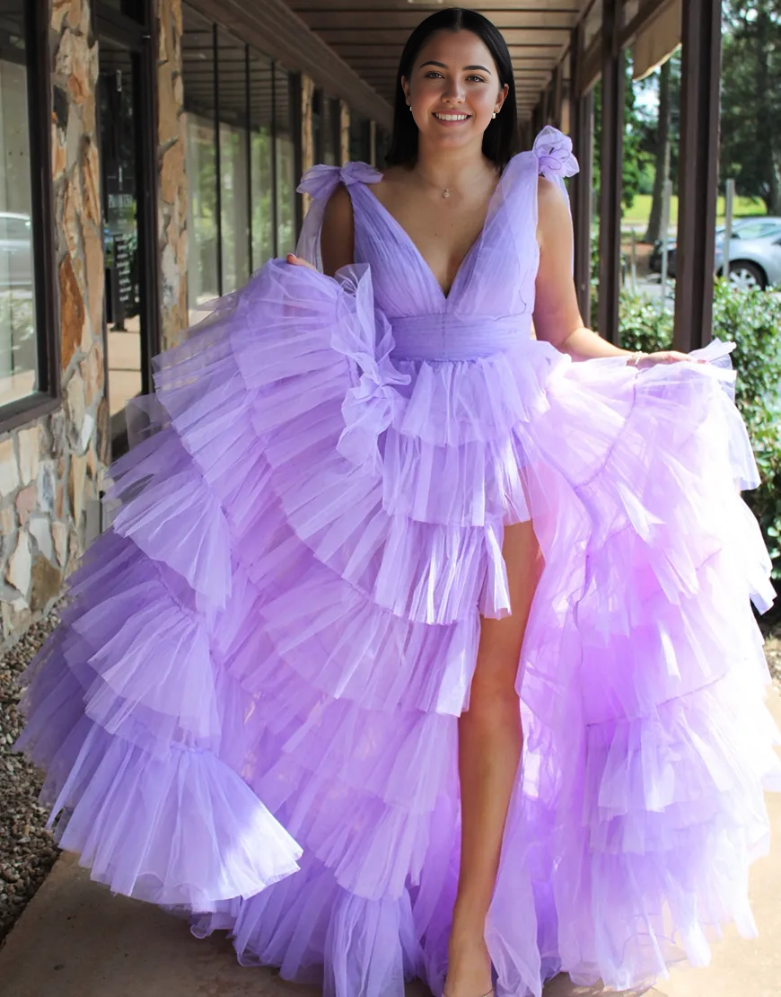 Wholesa A-Line V Neck Tiered Tulle Lilac Long formal dresses evening gown Prom Dress with Slit