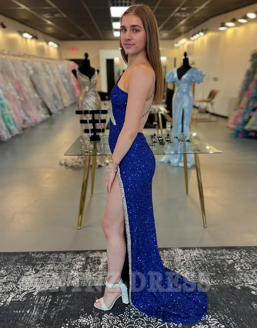 Wholesa Sparkly One Shoulder Sequins Royal Blue Long formal dresses Bridesmaid Dresses evening gown Prom Dress with Slit