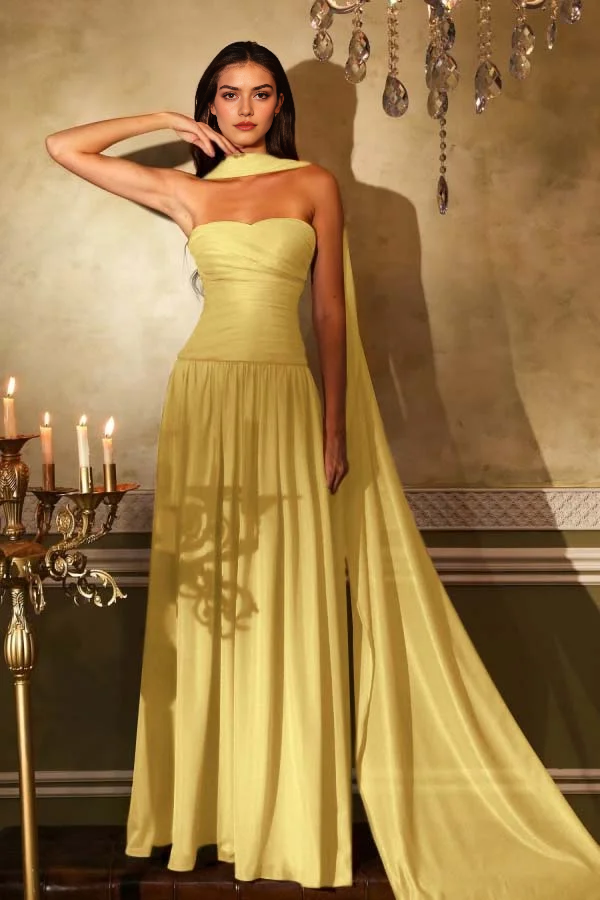 Chiffon A Line Strapless Sweetheart Neckline Sleeveless With Ruffles Pleated Elegant Evening Gowns Fashion Long Prom Dress