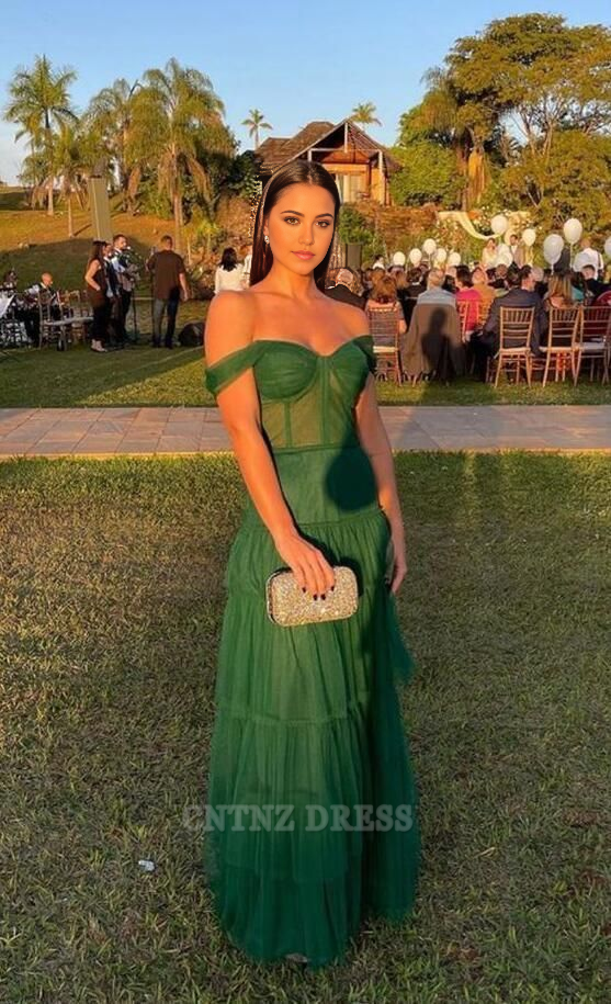 Wholesa A line Off The Shoulder Tulle Ruffles Layers Green formal dresses Bridesmaid Dresses evening gown Prom Dress