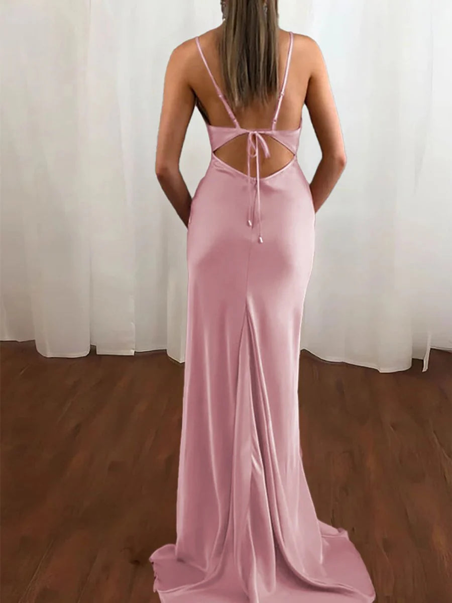 Charming Formal Women's Dresses Pink Satin Mermaid Spaghetti Straps Cowl Neck Sleeveless Backless Bargain Long Prom Dress