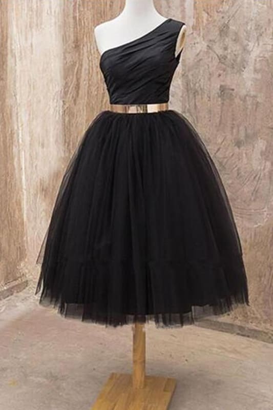 CNTNZ DRESS Hot Sale Homecoming Dress A Line One Shoulder Tulle Tea Length Belt Short Elegant Short Prom Dress