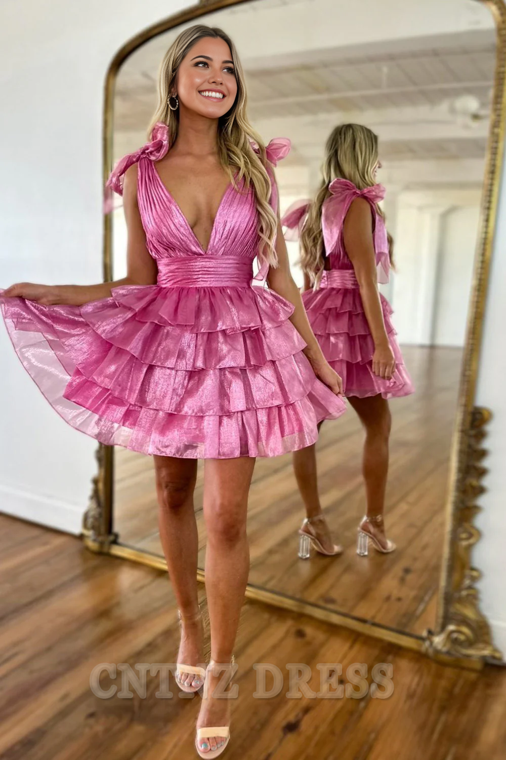 Wholesa A-Line Deep V-Neck Short Tiered Satin formal dresses Bridesmaid Dresses evening gown Prom Dress Homecoming Dress