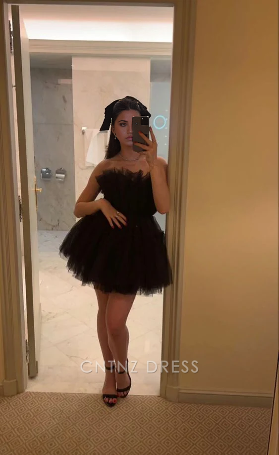 Wholesa A-line Strapless Chic Black Tulle Mini formal dresses Bridesmaid Dresses evening gown Prom Dress