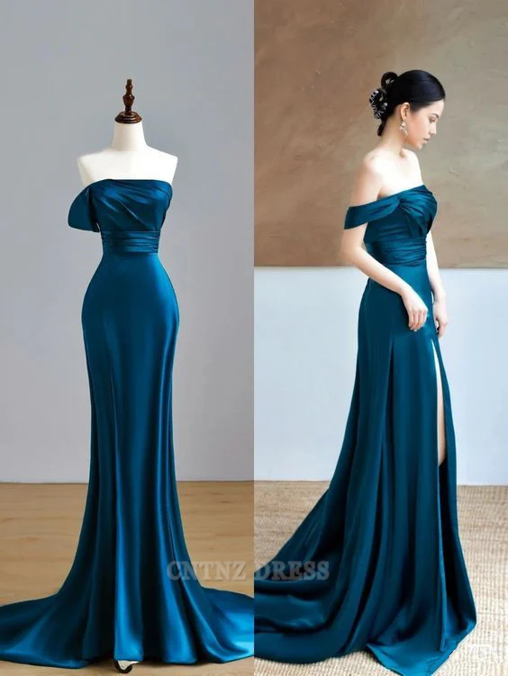 Wholesa Mermaid Off The Shoulder Slit Satin Long formal dresses Bridesmaid Dresses evening gown Prom Dress With Ruffle