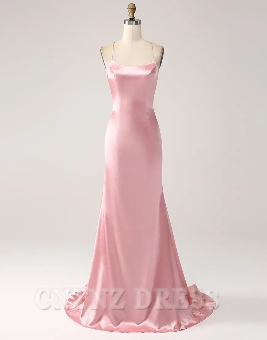 Wholesa Mermaid Spaghetti Straps Satin Lace-Up Blush Long formal dresses evening gown Prom Dress
