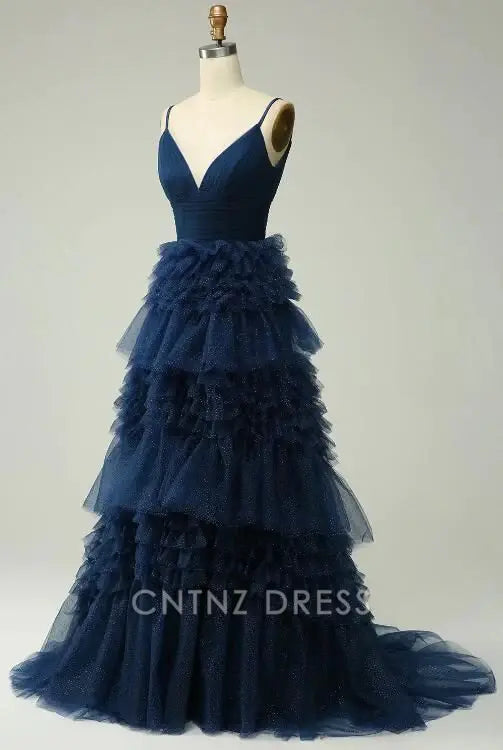 Wholesa A Line Spaghetti Straps Navy Long formal dresses Bridesmaid Dresses evening gown Prom Dress With Ruffles