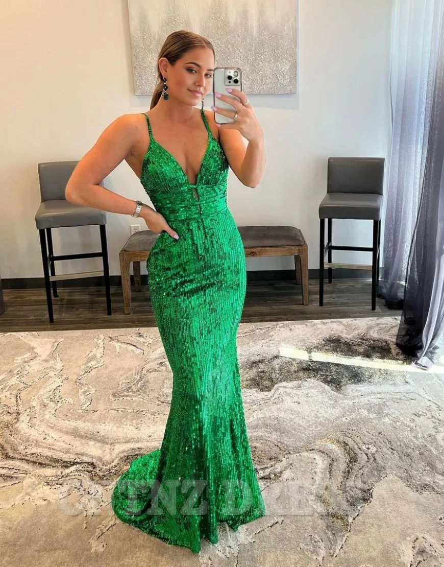Wholesa Mermaid Spaghetti straps Glitter Sequin formal dresses evening gown Prom Dress