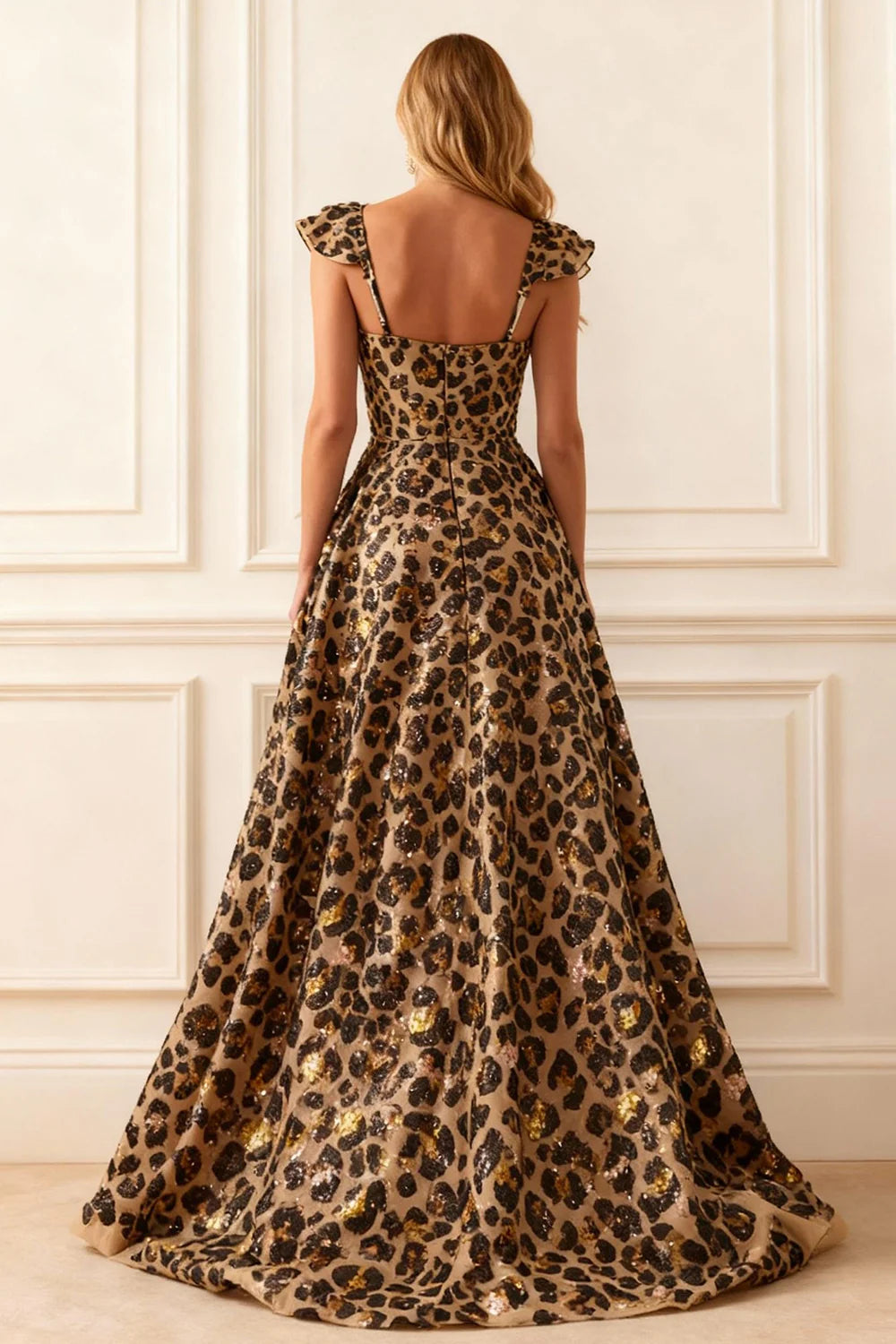 Fashion Formal Women's Dresses Sparkly Khaki Leopard A Line V Neck Small Fly Sleeves with Slit Backless Discount Long Prom Dress