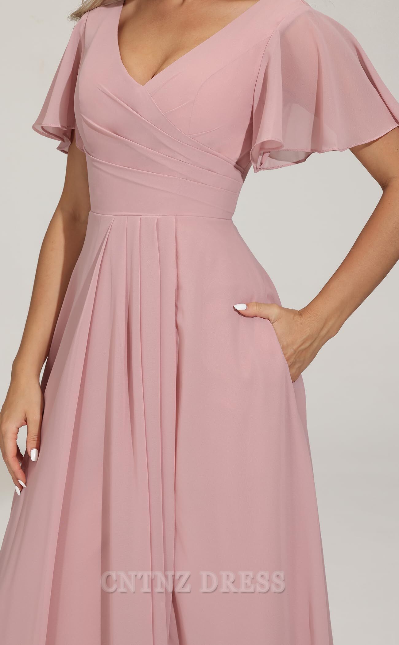 Wholesa A-line V Neck Short Sleeves Chiffon Pleated formal dresses Bridesmaid Dresses evening gown Prom Dress with Slit