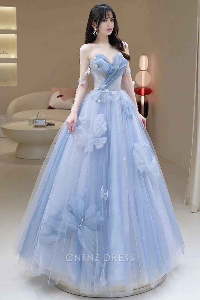 Wholesa A-Line Strapless Blue Tulle Long formal dresses Bridesmaid Dresses evening gown Prom Dress
