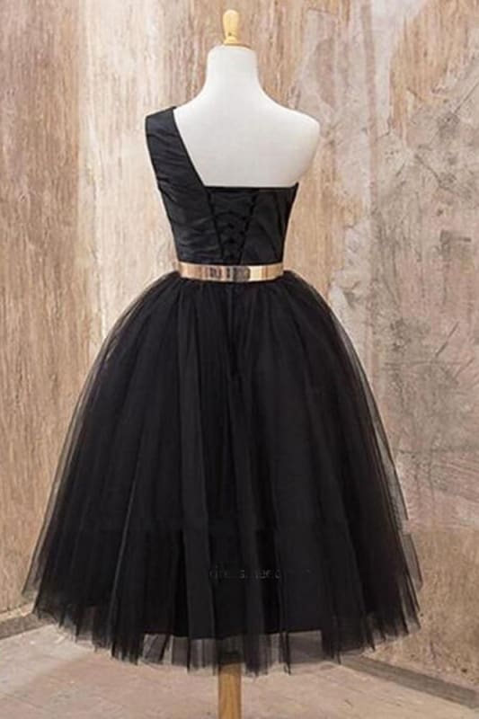 CNTNZ DRESS Hot Sale Homecoming Dress A Line One Shoulder Tulle Tea Length Belt Short Elegant Short Prom Dress