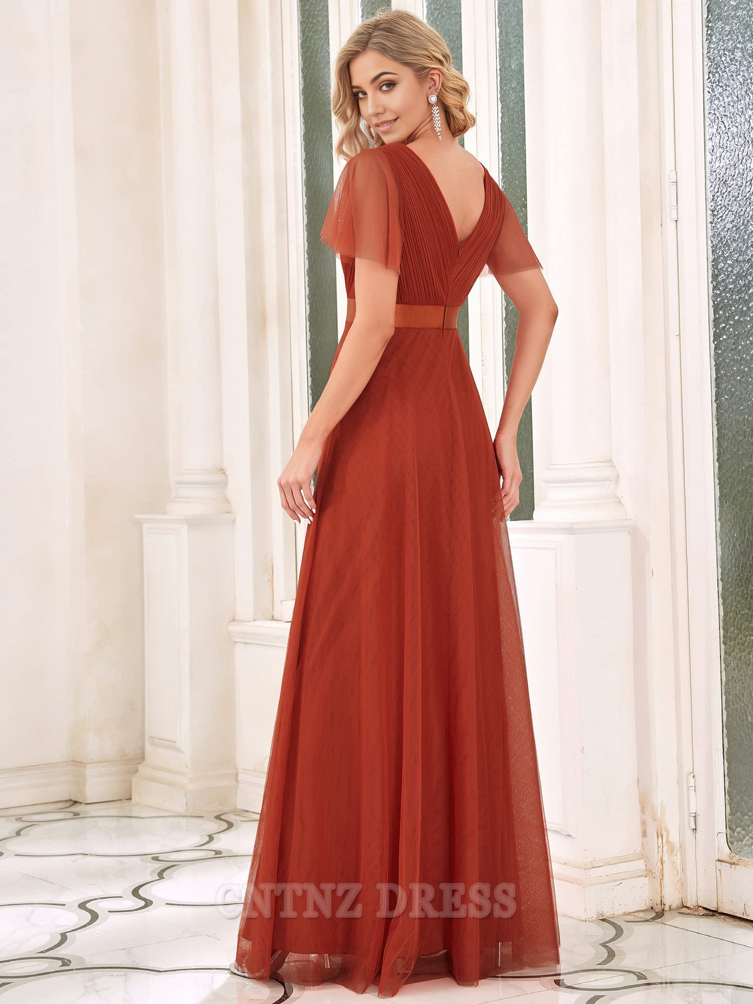 Wholesa A-line Double V-Neck Empire Waist Front Wrap Tulle formal dresses Bridesmaid Dresses evening gown Mother of Bride Dress Prom Dress