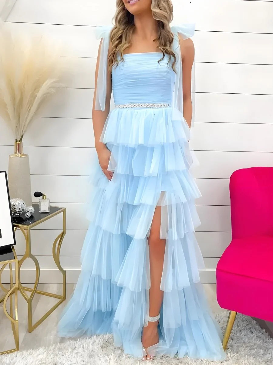 Cute Formal Women's Dresses Light Blue A Line Bow Straps Square Neck Pleated Sleeveless Layering Ruffle Backless Bargain Long Prom Dress