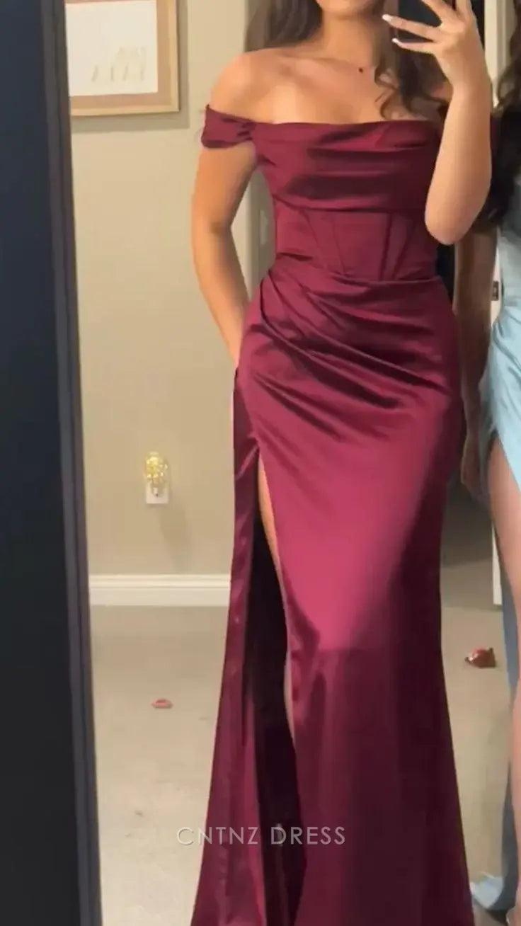 Wholesa Mermaid Off The Shoulder Satin Slit Burgundy formal dresses Bridesmaid Dresses evening gown Prom Dress